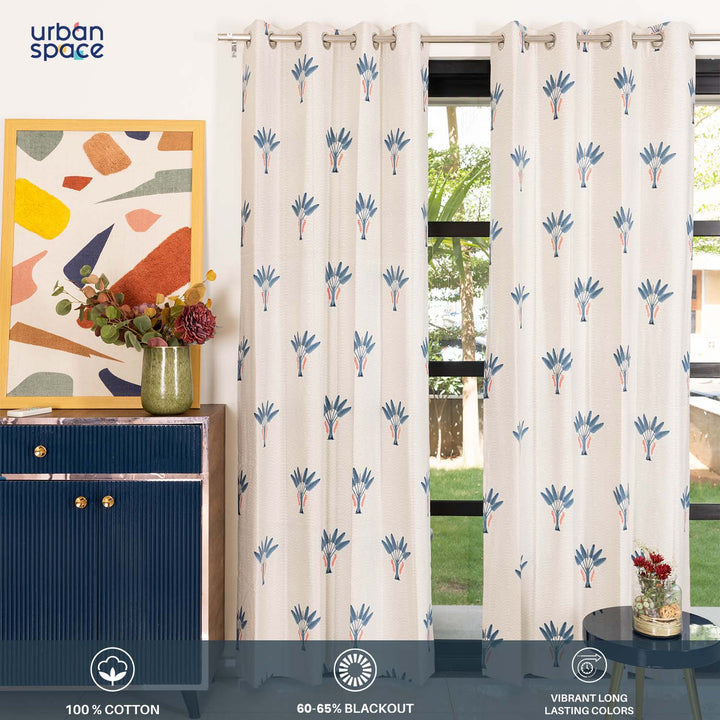 100% Cotton Curtains for Living Room, Bedroom curtains - Pack of 2 curtains, Palm Lagoon Indigo