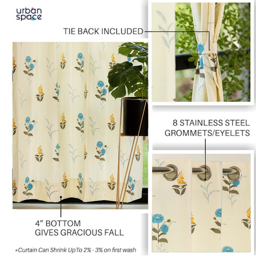 100% Cotton Curtains for Living Room, Bedroom curtains - Pack of 2 curtains, Cotton Coneflower - Blue