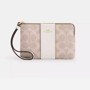 Coach Corner Zip Wristlet In Signature Canvas With Stripe Sand/Chalk