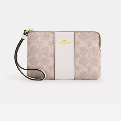 Coach Corner Zip Wristlet In Signature Canvas With Stripe Sand/Chalk