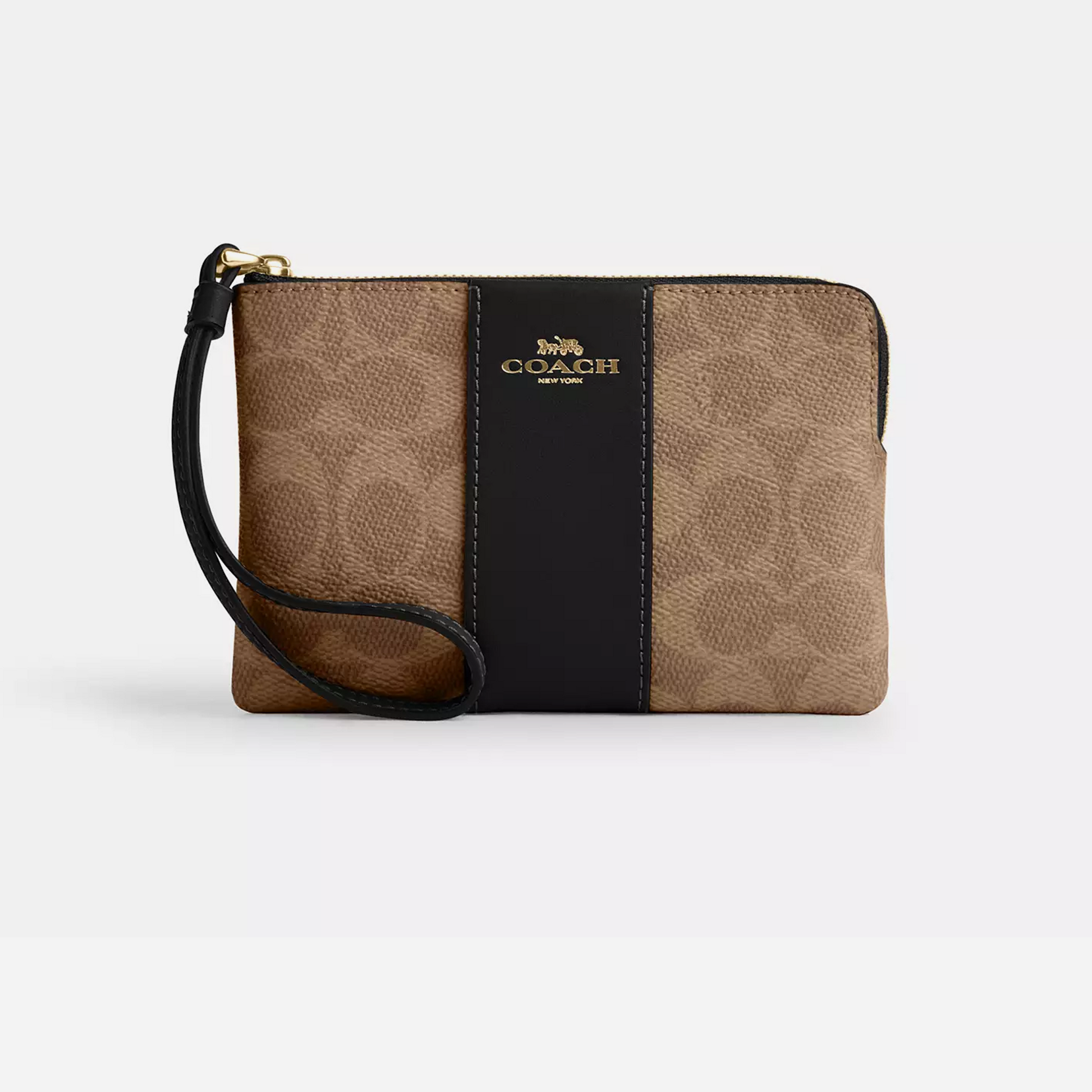 Coach Corner Zip Wristlet In Signature Canvas With Stripe Tan/Black