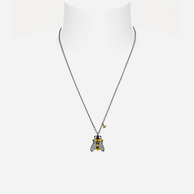 Vivienne Westwood Man. Bumble Bee Pendant Necklace Ruthenium Black Diamonds Crystal Black And Yellow