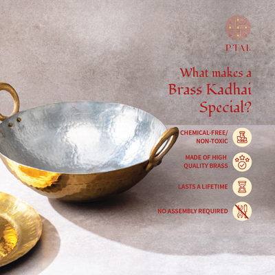 Ayurveda Starter Kit (1 Brass Kadhai, 1 Copper Tumbler, 1 Kansa (Bronze) Thaali - 10.5
