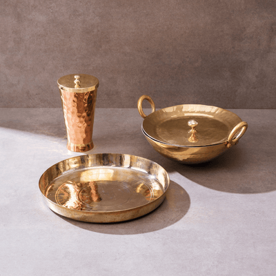 Ayurveda Starter Kit (1 Brass Kadhai, 1 Copper Tumbler, 1 Kansa (Bronze) Thaali - 10.5