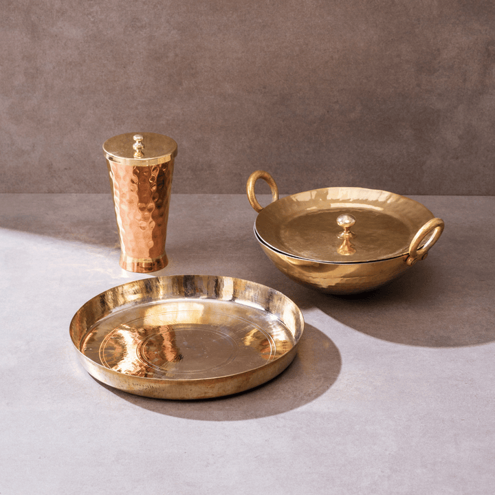 Ayurveda Starter Kit (1 Brass Kadhai, 1 Copper Tumbler, 1 Kansa (Bronze) Thaali - 10.5")