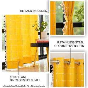 Premium 100% Cotton Embroidery Curtain for Window & Door - Pack of 1 Curtain, Aura Yellow Checks