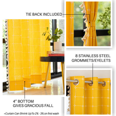 Premium 100% Cotton Embroidery Curtain for Window & Door - Pack of 1 Curtain, Aura Yellow Checks