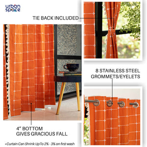 Premium 100% Cotton Embroidery Curtain for Window & Door - Pack of 1 Curtain, Burnt Orange Checkers