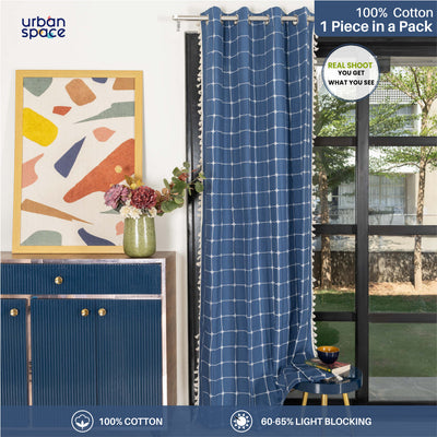 Premium 100% Cotton Embroidery Curtain for Window & Door - Pack of 1 Curtain, Indigo Checks