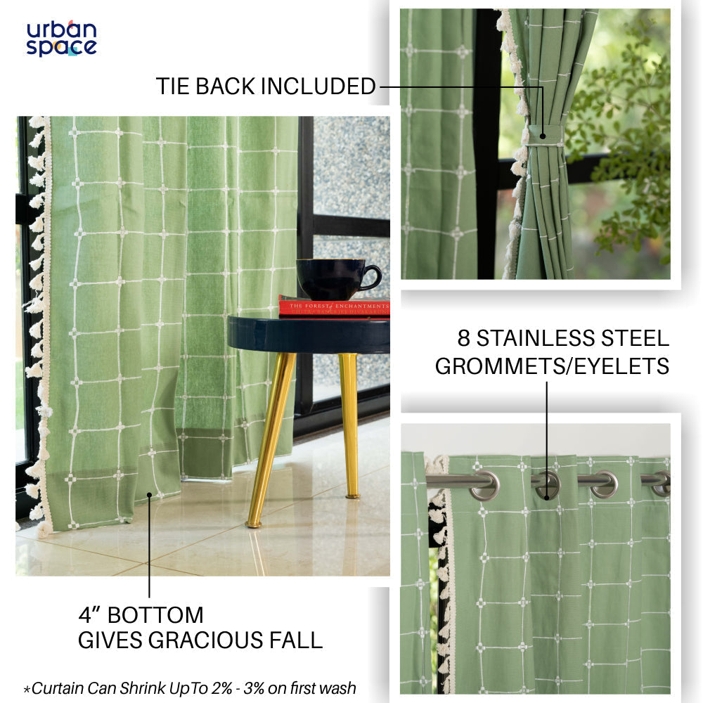 Premium 100% Cotton Embroidery Curtain for Window & Door - Pack of 1 Curtain, Sage Green Checks