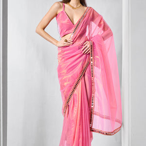 Mirror Work Lace Organza Saree With Blouse Piece