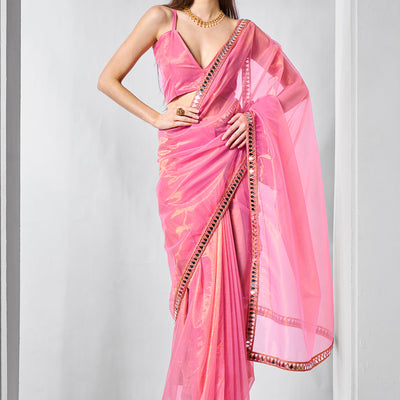 Mirror Work Lace Organza Saree With Blouse Piece