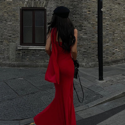 Alamea Offshoulder Statement Dress with Scarf in Red