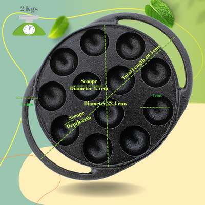 Trilonium Triple Seasoned Cast Iron Paddu tawa | Paniyarakkal | Paniyaram Pan 12 Pits | Black
