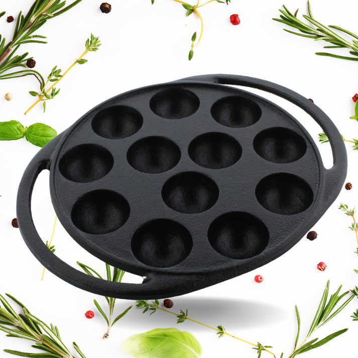 Trilonium Triple Seasoned Cast Iron Paddu tawa | Paniyarakkal | Paniyaram Pan 12 Pits | Black