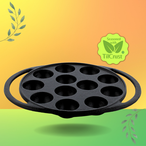 Trilonium Triple Seasoned Cast Iron Paddu tawa | Paniyarakkal | Paniyaram Pan 12 Pits | Black