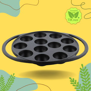 Trilonium Triple Seasoned Cast Iron Paddu tawa | Paniyarakkal | Paniyaram Pan 12 Pits | Black