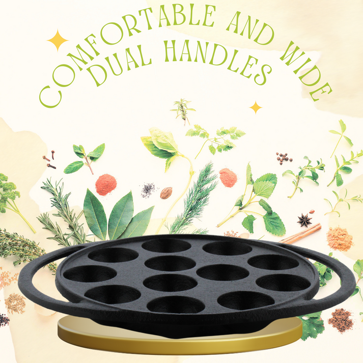 Trilonium Triple Seasoned Cast Iron Paddu tawa | Paniyarakkal | Paniyaram Pan 12 Pits | Black