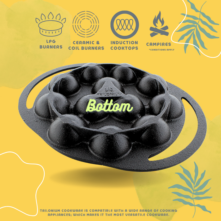 Trilonium Triple Seasoned Cast Iron Paddu tawa | Paniyarakkal | Paniyaram Pan 12 Pits | Black