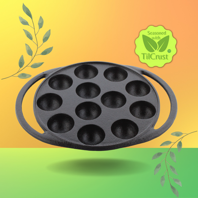 Trilonium Triple Seasoned Cast Iron Paddu tawa | Paniyarakkal | Paniyaram Pan 12 Pits | Black