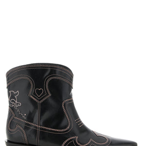 Ganni Low Shaft Embroidered Western Ankle Boots