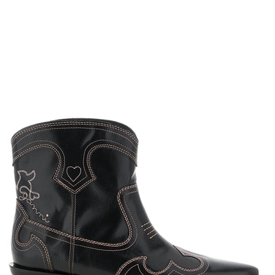 Ganni Low Shaft Embroidered Western Ankle Boots