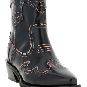 Ganni Low Shaft Embroidered Western Ankle Boots