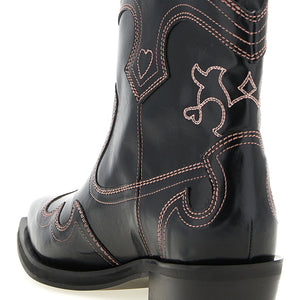 Ganni Low Shaft Embroidered Western Ankle Boots