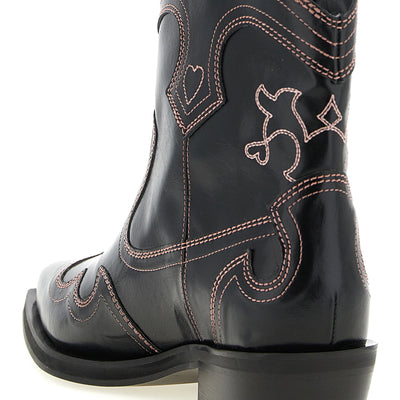 Ganni Low Shaft Embroidered Western Ankle Boots
