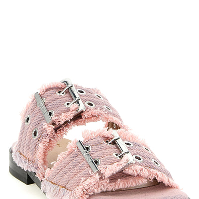 Ganni Feminine Buckle Fringed Denim Sandals