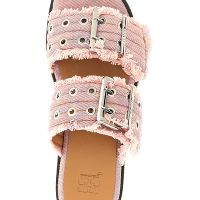 Ganni Feminine Buckle Fringed Denim Sandals