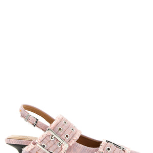 Ganni Feminine Buckle Fringed Denim Slingback