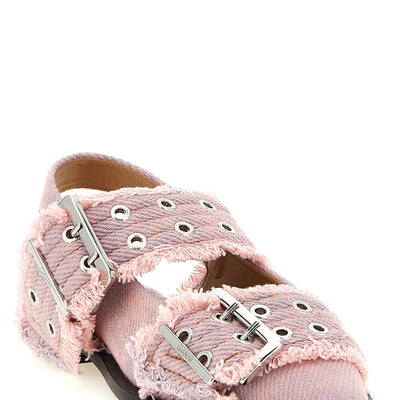 Ganni Feminine Buckle Fringed Denim Slingback