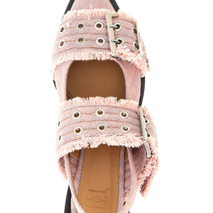Ganni Feminine Buckle Fringed Denim Slingback
