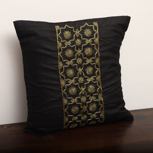 Black - Star Butas - Zardozi Hand Embroidered Raw Silk Cushion Cover (Set of 5)
