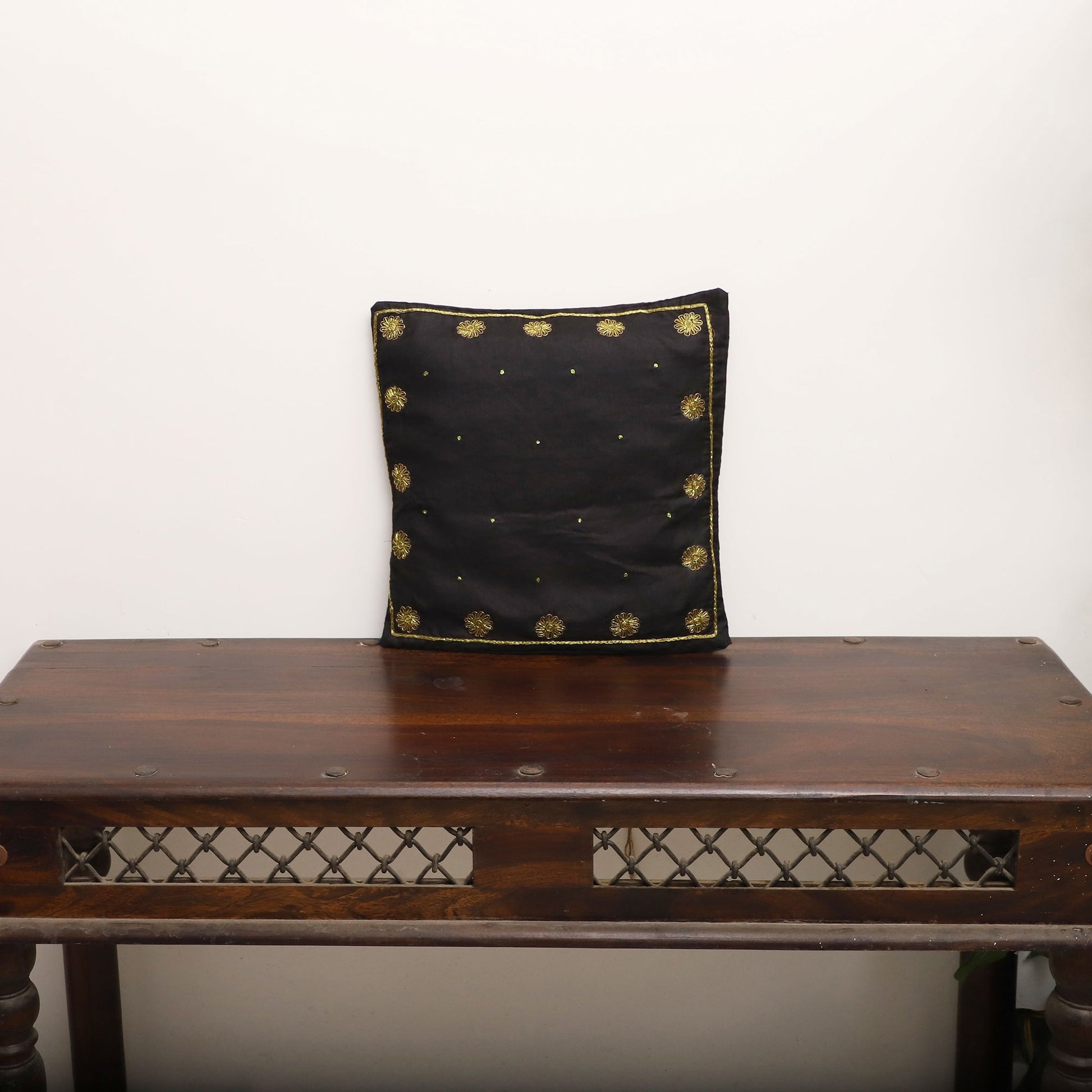 Black - Star Butas - Zardozi Hand Embroidered Raw Silk Cushion Cover (Set of 5)