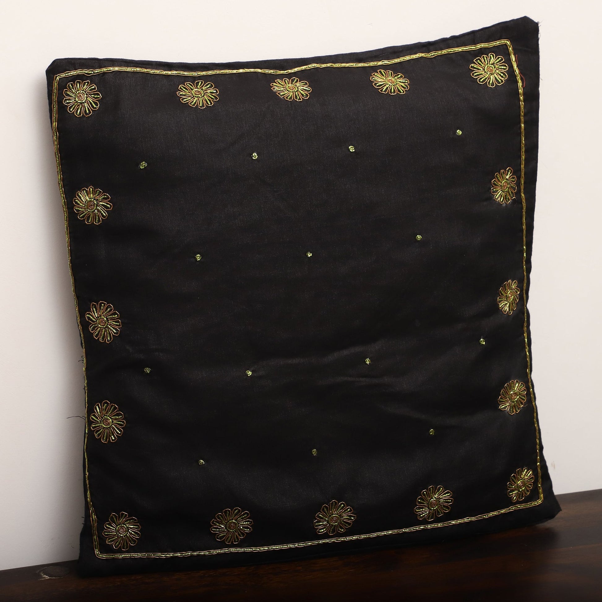Black - Star Butas - Zardozi Hand Embroidered Raw Silk Cushion Cover (Set of 5)