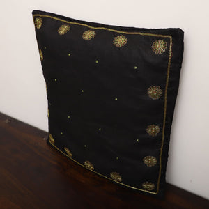 Black - Star Butas - Zardozi Hand Embroidered Raw Silk Cushion Cover (Set of 5)
