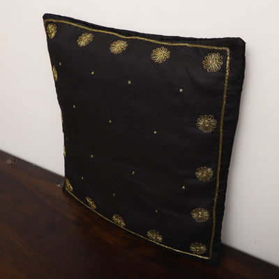Black - Star Butas - Zardozi Hand Embroidered Raw Silk Cushion Cover (Set of 5)