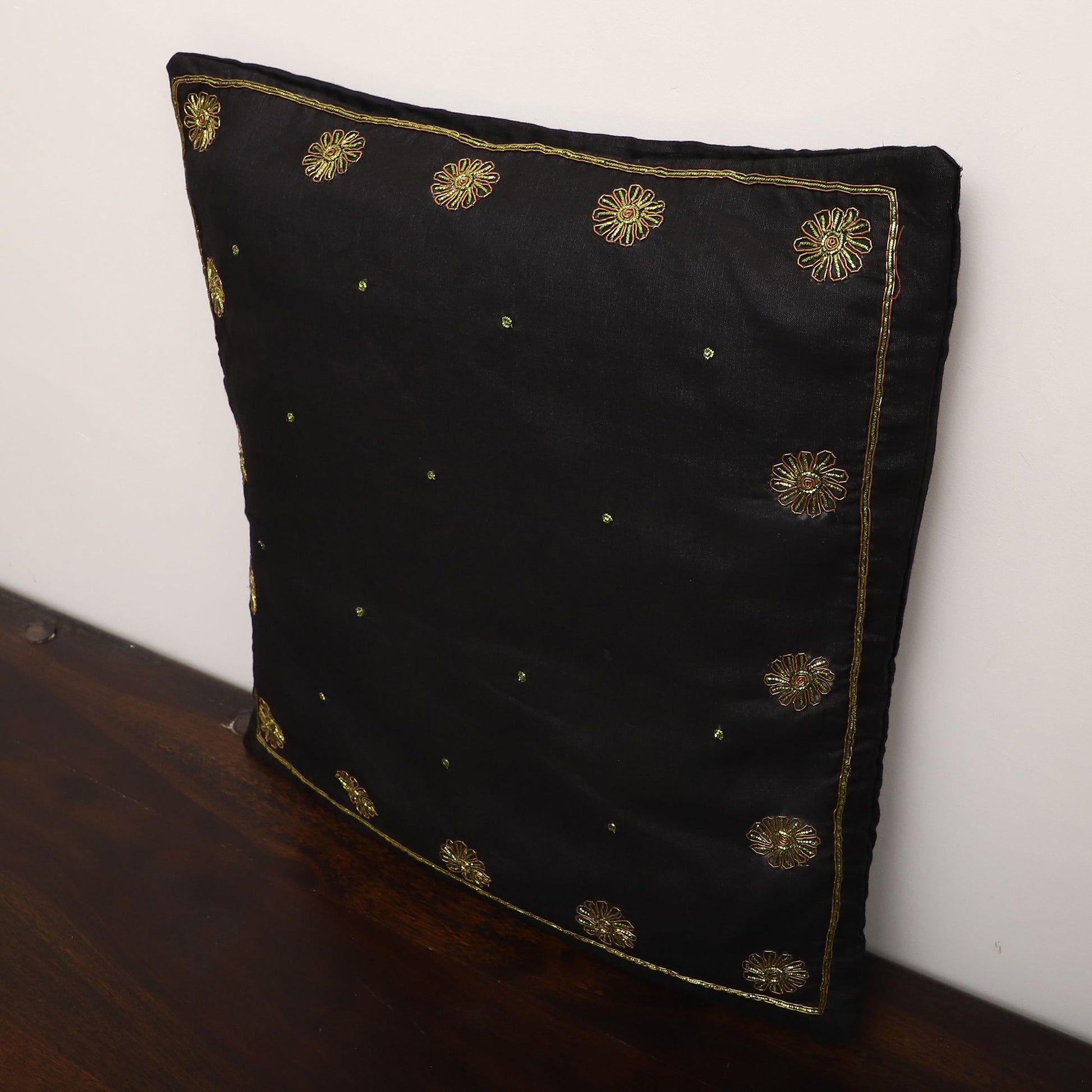 Black - Star Butas - Zardozi Hand Embroidered Raw Silk Cushion Cover (Set of 5)