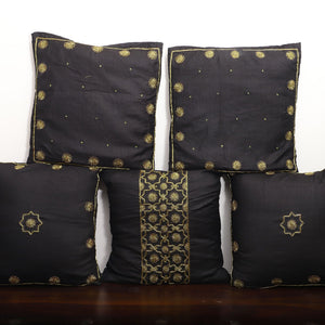 Black - Star Butas - Zardozi Hand Embroidered Raw Silk Cushion Cover (Set of 5)