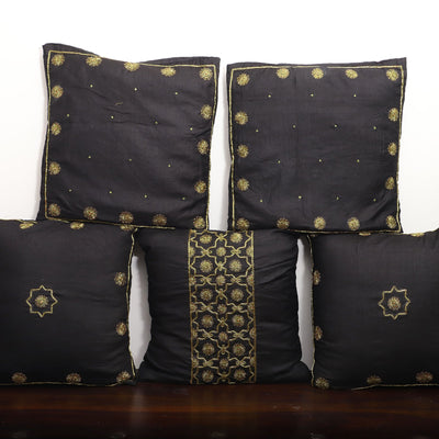 Black - Star Butas - Zardozi Hand Embroidered Raw Silk Cushion Cover (Set of 5)