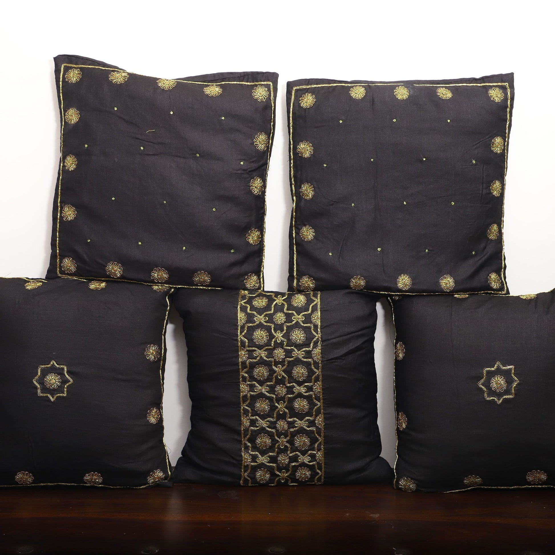 Black - Star Butas - Zardozi Hand Embroidered Raw Silk Cushion Cover (Set of 5)