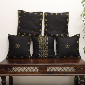 Black - Star Butas - Zardozi Hand Embroidered Raw Silk Cushion Cover (Set of 5)