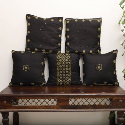 Black - Star Butas - Zardozi Hand Embroidered Raw Silk Cushion Cover (Set of 5)