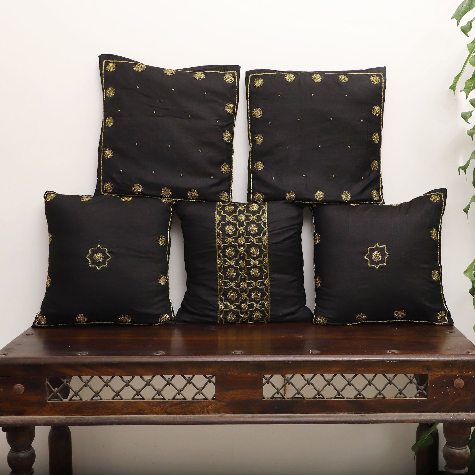 Black - Star Butas - Zardozi Hand Embroidered Raw Silk Cushion Cover (Set of 5)