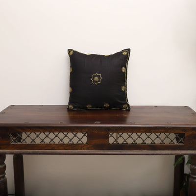 Black - Star Butas - Zardozi Hand Embroidered Raw Silk Cushion Cover (Set of 5)