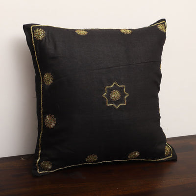Black - Star Butas - Zardozi Hand Embroidered Raw Silk Cushion Cover (Set of 5)