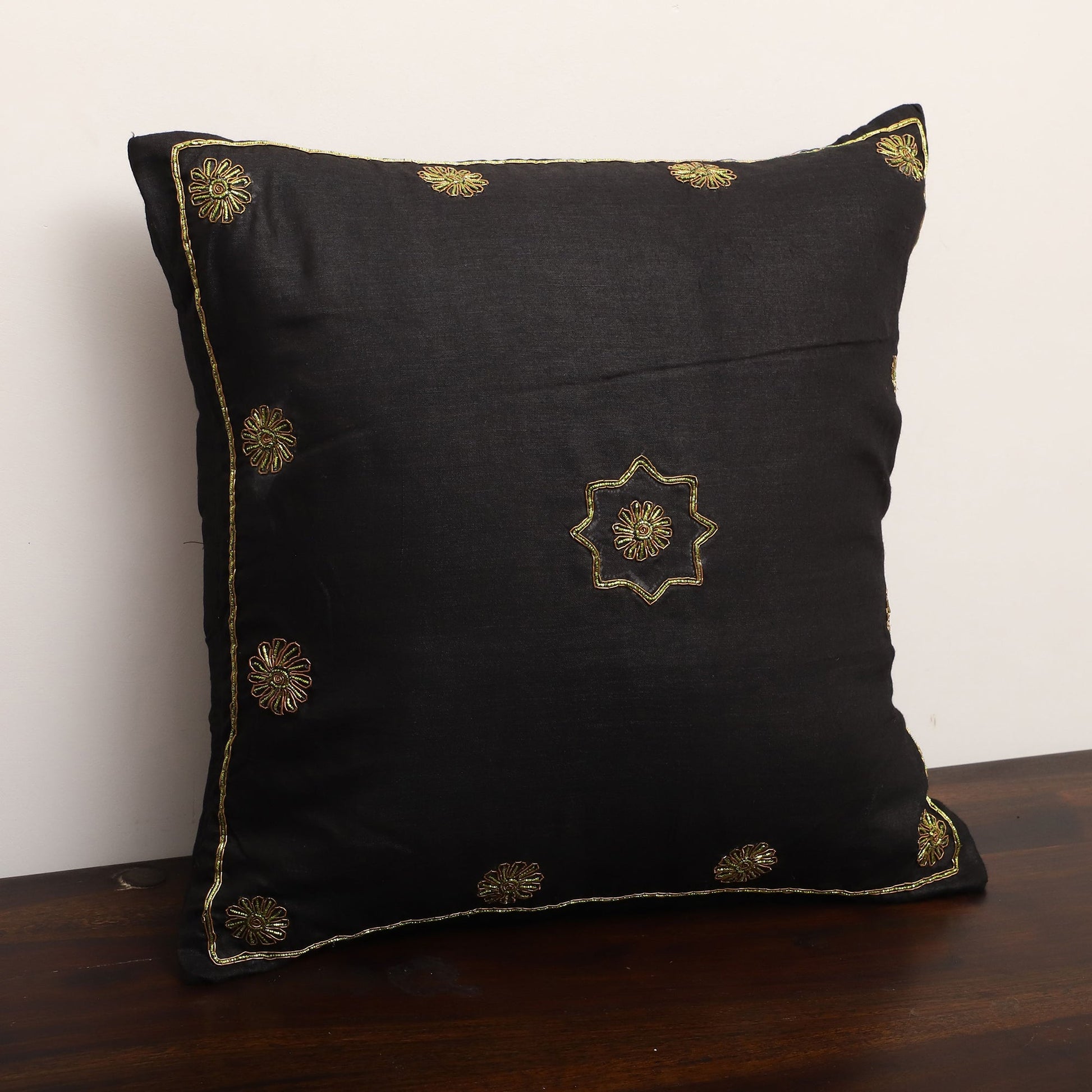 Black - Star Butas - Zardozi Hand Embroidered Raw Silk Cushion Cover (Set of 5)