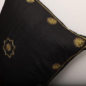Black - Star Butas - Zardozi Hand Embroidered Raw Silk Cushion Cover (Set of 5)